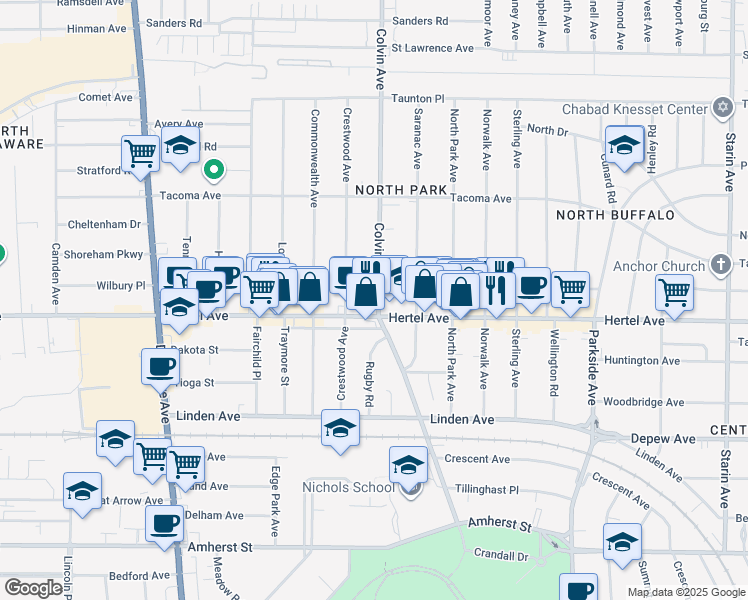 map of restaurants, bars, coffee shops, grocery stores, and more near 1312 Hertel Avenue in Buffalo