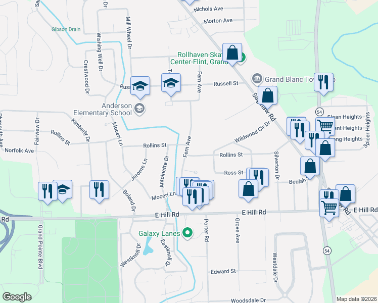 map of restaurants, bars, coffee shops, grocery stores, and more near 2231 Rollins Street in Grand Blanc Township