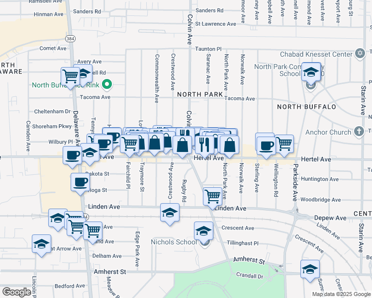 map of restaurants, bars, coffee shops, grocery stores, and more near 272 Colvin Avenue in Buffalo