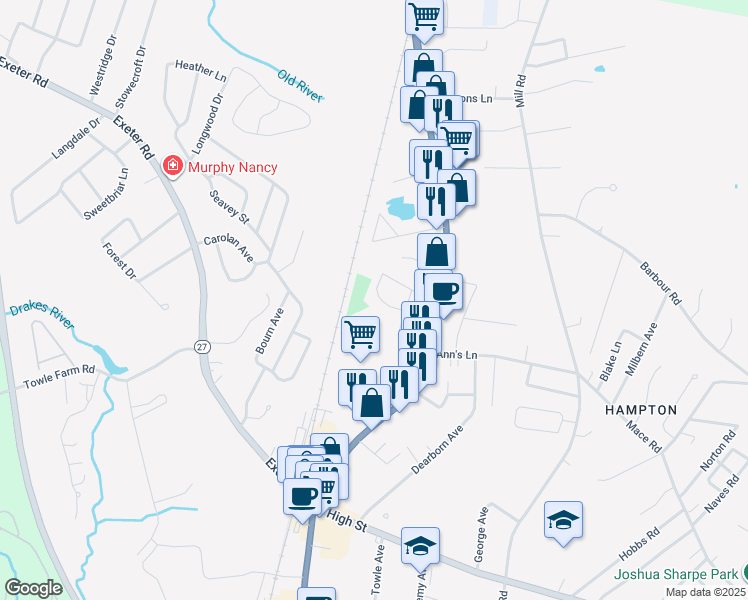 map of restaurants, bars, coffee shops, grocery stores, and more near 29 Fairfield Drive in Hampton