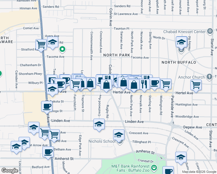map of restaurants, bars, coffee shops, grocery stores, and more near 1312 Hertel Avenue in Buffalo