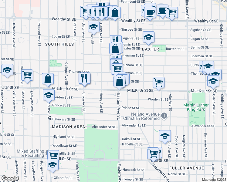 map of restaurants, bars, coffee shops, grocery stores, and more near 744 Franklin Street Southeast in Grand Rapids