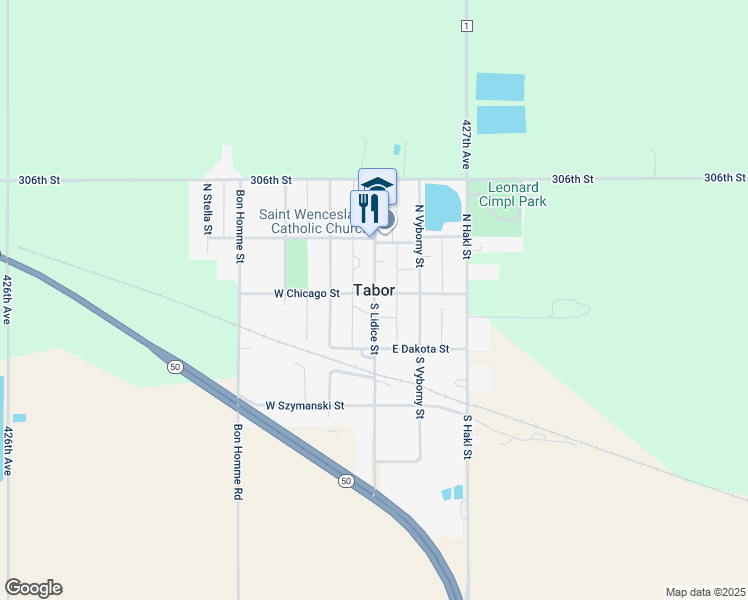 map of restaurants, bars, coffee shops, grocery stores, and more near 112 South Lidice Street in Tabor