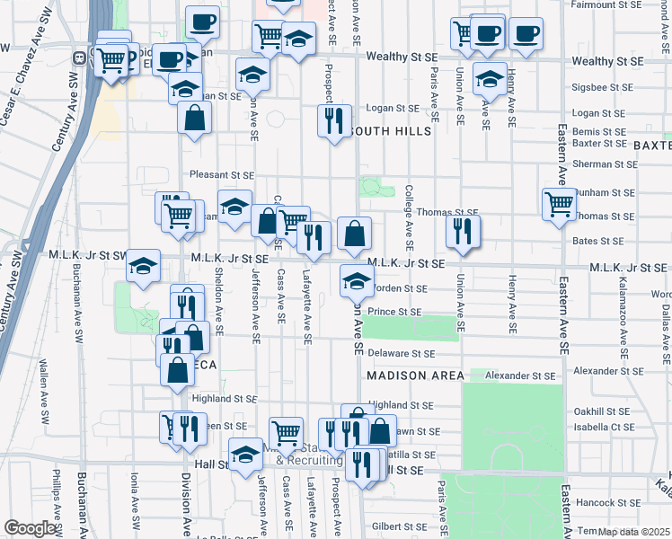map of restaurants, bars, coffee shops, grocery stores, and more near 808 Prospect Avenue Southeast in Grand Rapids