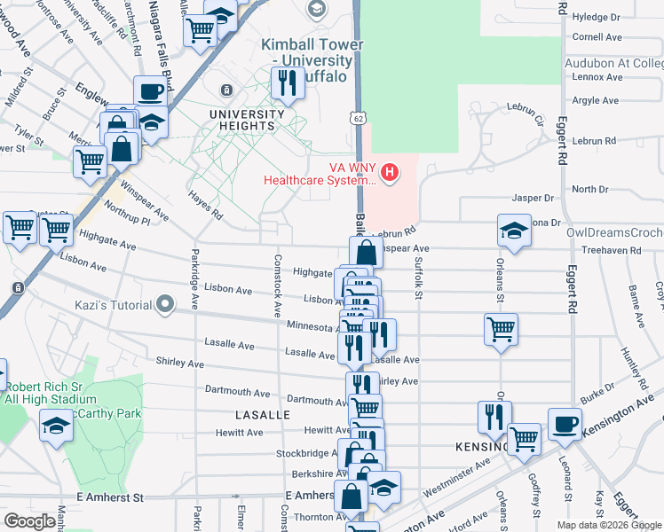 map of restaurants, bars, coffee shops, grocery stores, and more near 356 Highgate Avenue in Buffalo