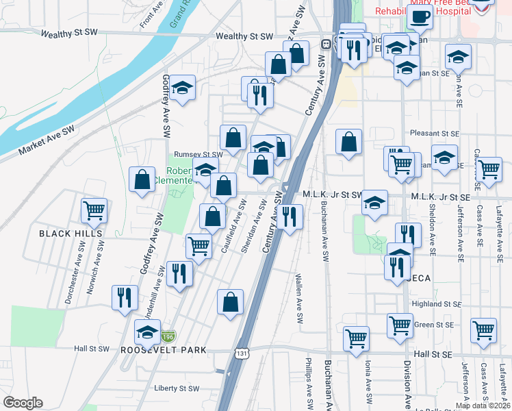map of restaurants, bars, coffee shops, grocery stores, and more near 835 Sheridan Avenue Southwest in Grand Rapids