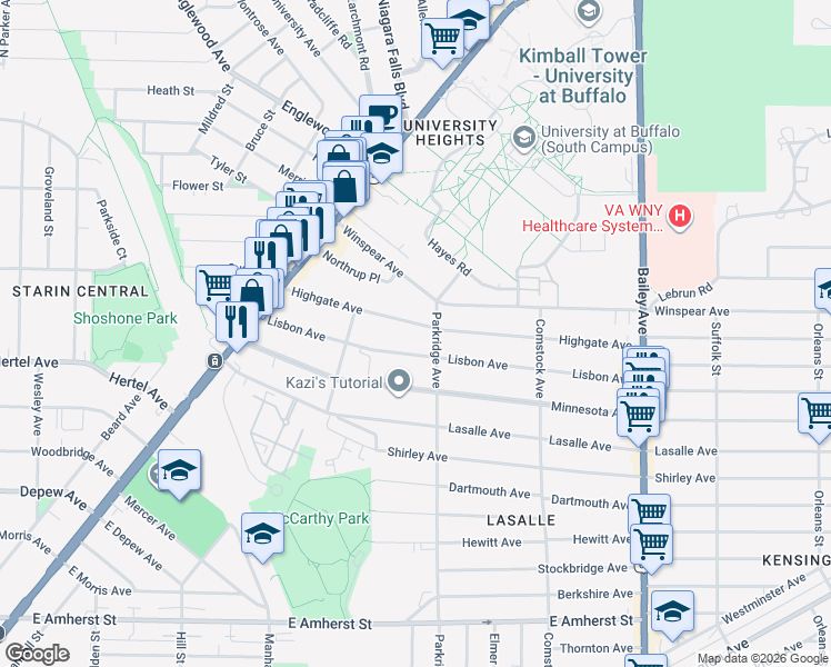 map of restaurants, bars, coffee shops, grocery stores, and more near 178 Lisbon Avenue in Buffalo