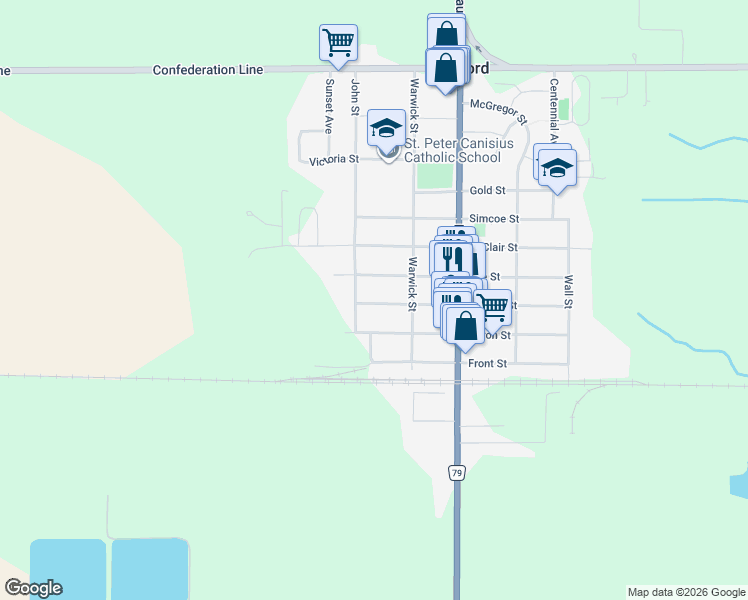 map of restaurants, bars, coffee shops, grocery stores, and more near 409 Ontario Street in Watford