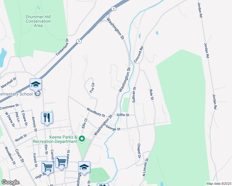 map of restaurants, bars, coffee shops, grocery stores, and more near 520 Washington Street in Keene