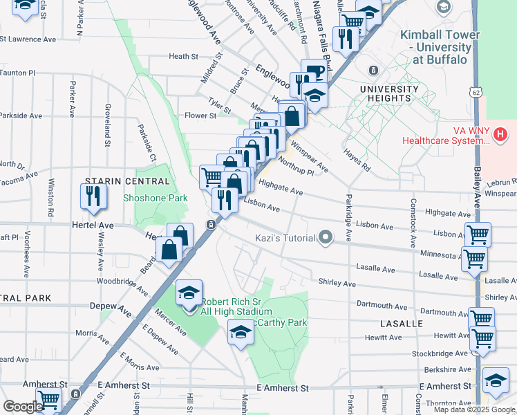 map of restaurants, bars, coffee shops, grocery stores, and more near 32 Minnesota Avenue in Buffalo