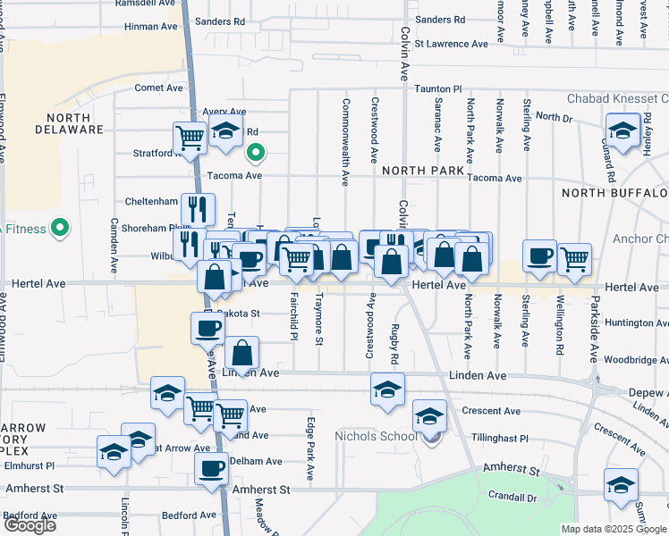 map of restaurants, bars, coffee shops, grocery stores, and more near 1232 Hertel Avenue in Buffalo
