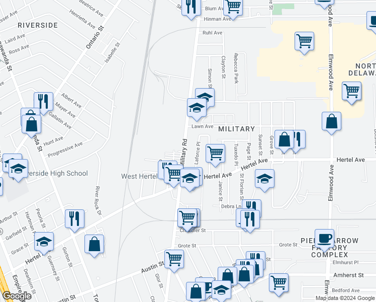 map of restaurants, bars, coffee shops, grocery stores, and more near 417 Military Road in Buffalo