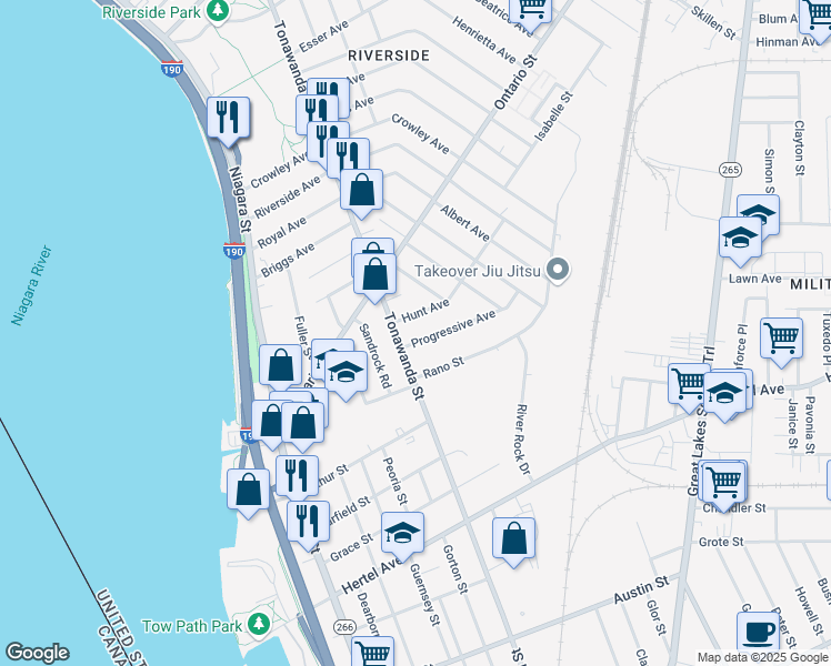map of restaurants, bars, coffee shops, grocery stores, and more near 703 Tonawanda Street in Buffalo