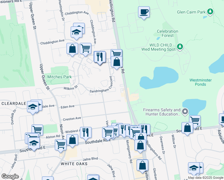 map of restaurants, bars, coffee shops, grocery stores, and more near 355 Sandringham Crescent in London