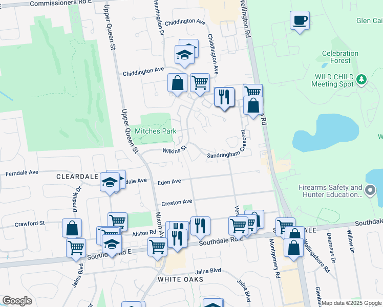 map of restaurants, bars, coffee shops, grocery stores, and more near 475 Sandringham Crescent in London