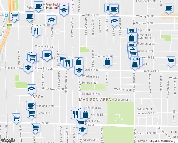 map of restaurants, bars, coffee shops, grocery stores, and more near 435 Worden Street Southeast in Grand Rapids