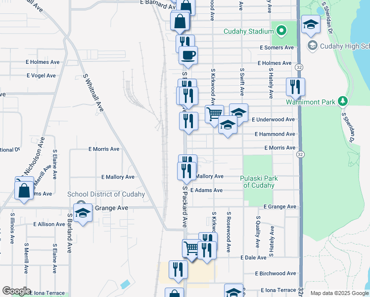 map of restaurants, bars, coffee shops, grocery stores, and more near 5301 South Packard Avenue in Cudahy