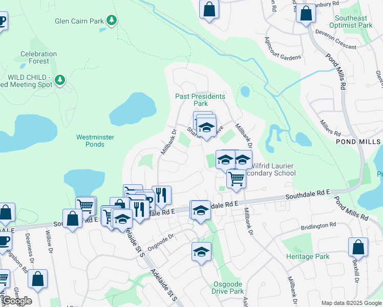 map of restaurants, bars, coffee shops, grocery stores, and more near 91 Downing Crescent in London