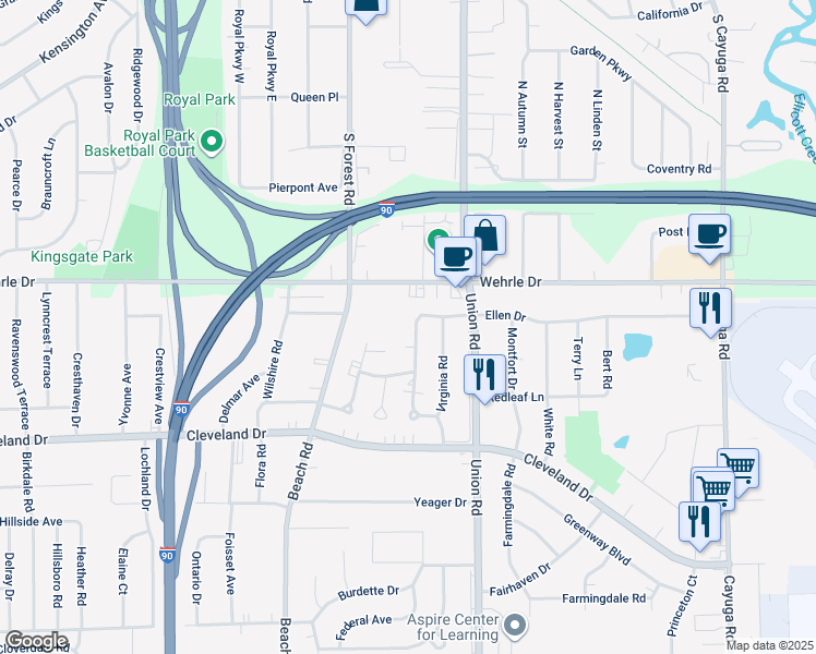 map of restaurants, bars, coffee shops, grocery stores, and more near 108 Ellen Drive in Buffalo