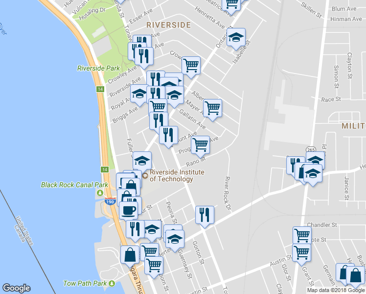 map of restaurants, bars, coffee shops, grocery stores, and more near 24 Progressive Avenue in Buffalo