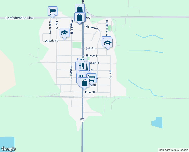 map of restaurants, bars, coffee shops, grocery stores, and more near 551 Ontario Street in Watford