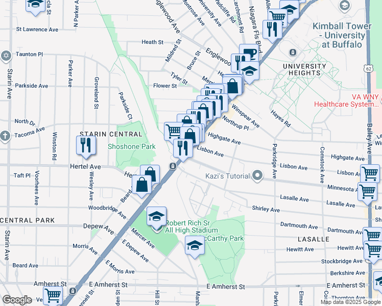 map of restaurants, bars, coffee shops, grocery stores, and more near 32 Minnesota Avenue in Buffalo