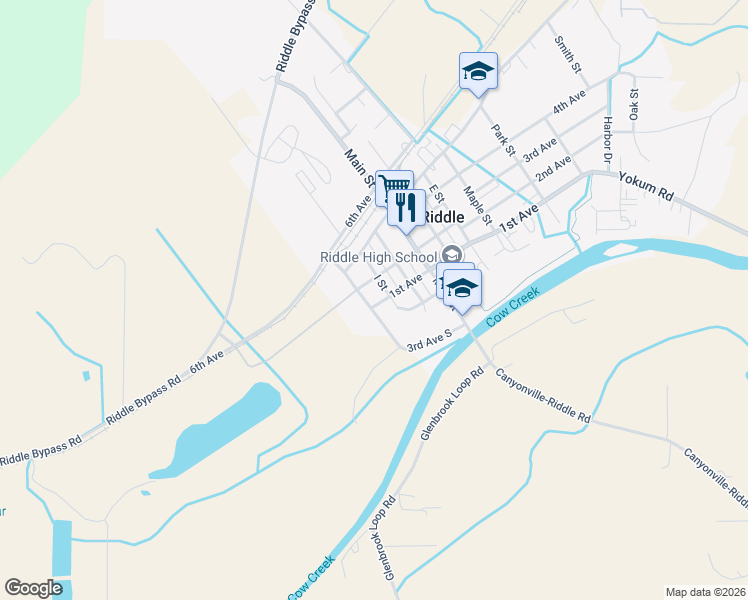 map of restaurants, bars, coffee shops, grocery stores, and more near 336 1st Avenue in Riddle
