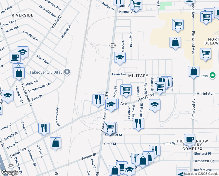 map of restaurants, bars, coffee shops, grocery stores, and more near 417 Military Road in Buffalo
