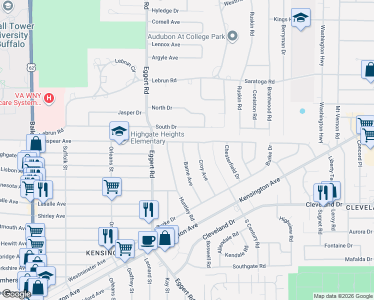 map of restaurants, bars, coffee shops, grocery stores, and more near 116 Bame Avenue in Buffalo