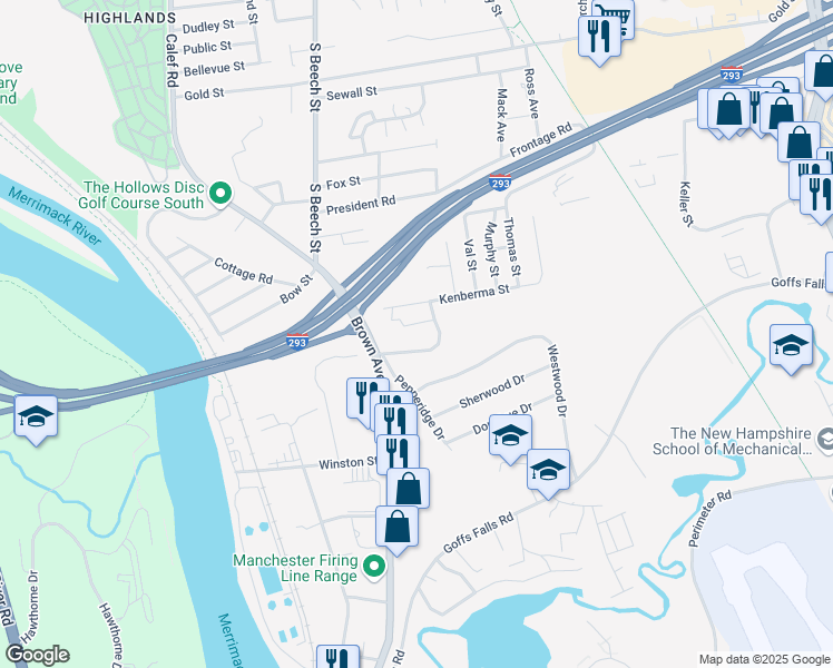 map of restaurants, bars, coffee shops, grocery stores, and more near 97 Townhouse Road in Manchester