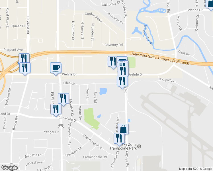 map of restaurants, bars, coffee shops, grocery stores, and more near 317 Ellen Drive in Buffalo