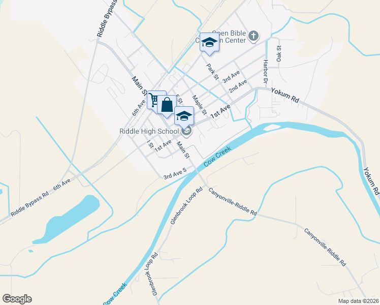 map of restaurants, bars, coffee shops, grocery stores, and more near 221 Main Street in Riddle