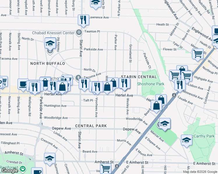 map of restaurants, bars, coffee shops, grocery stores, and more near 11 Winston Road in Buffalo