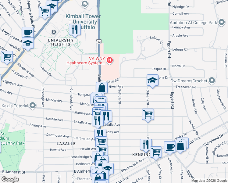 map of restaurants, bars, coffee shops, grocery stores, and more near 434 Highgate Avenue in Buffalo