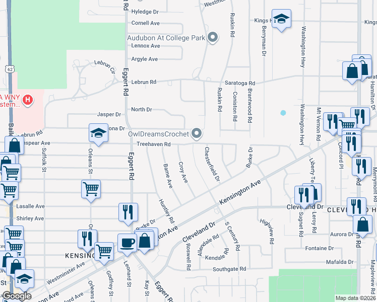 map of restaurants, bars, coffee shops, grocery stores, and more near 147 Century Road in Buffalo
