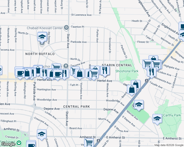 map of restaurants, bars, coffee shops, grocery stores, and more near 11 Winston Road in Buffalo