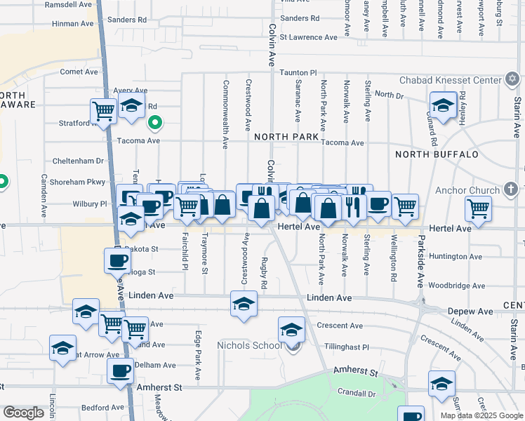 map of restaurants, bars, coffee shops, grocery stores, and more near 1312 Hertel Avenue in Buffalo