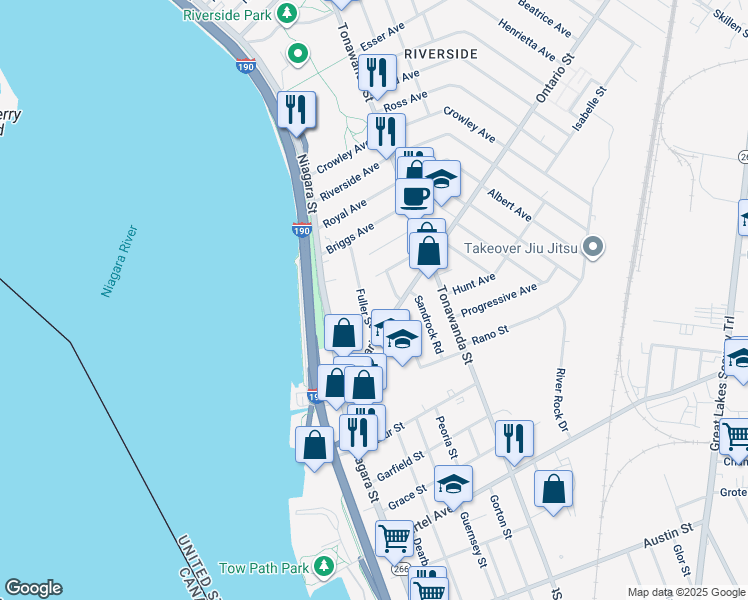 map of restaurants, bars, coffee shops, grocery stores, and more near 96 Ontario Street in Buffalo