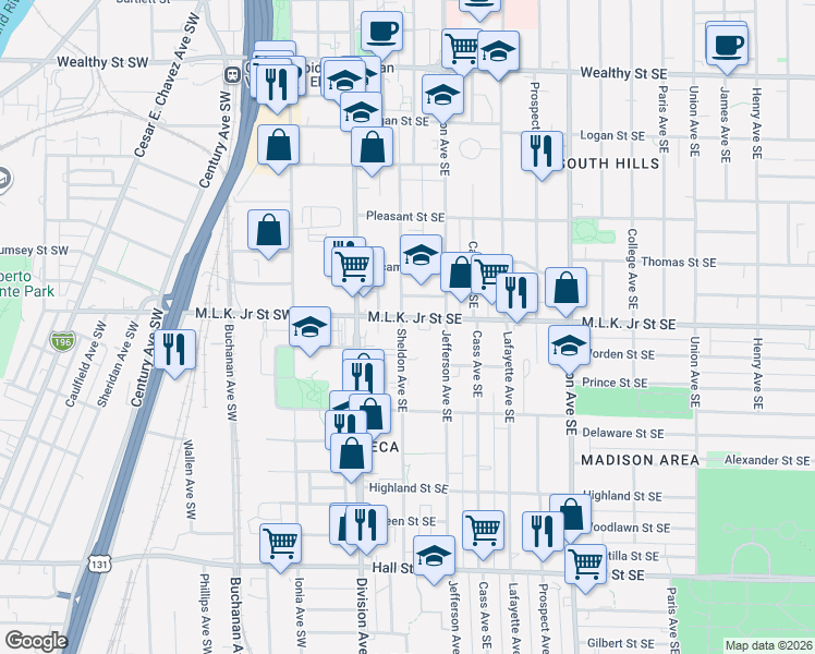 map of restaurants, bars, coffee shops, grocery stores, and more near 118 Major Place Southeast in Grand Rapids