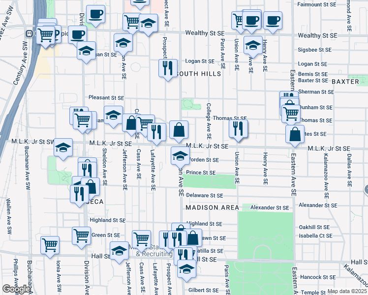 map of restaurants, bars, coffee shops, grocery stores, and more near 400 Franklin Street Southeast in Grand Rapids