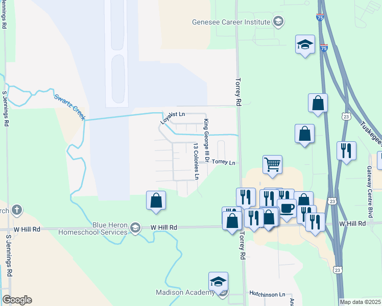 map of restaurants, bars, coffee shops, grocery stores, and more near 5406 Torrey Road in Flint