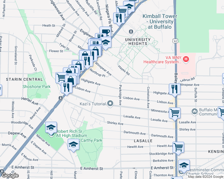 map of restaurants, bars, coffee shops, grocery stores, and more near 131 Highgate Avenue in Buffalo