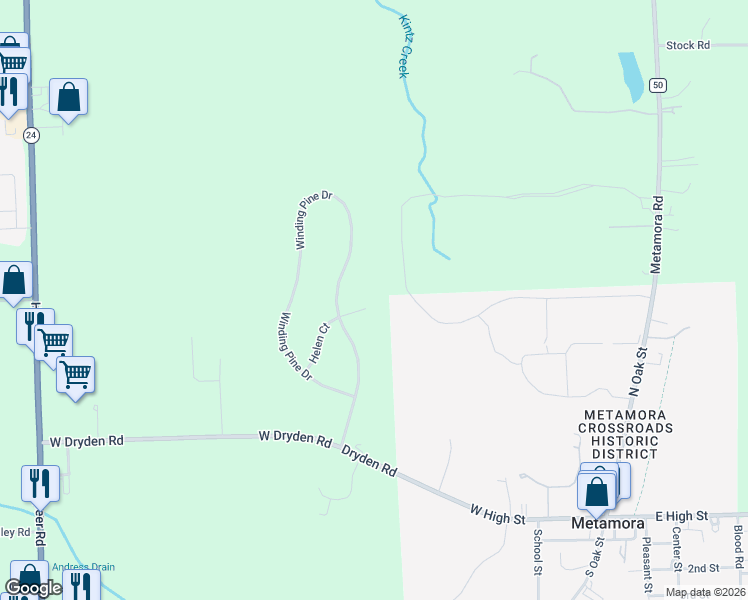 map of restaurants, bars, coffee shops, grocery stores, and more near 368 Helen Court in Metamora