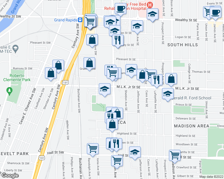 map of restaurants, bars, coffee shops, grocery stores, and more near 821 Division Avenue South in Grand Rapids