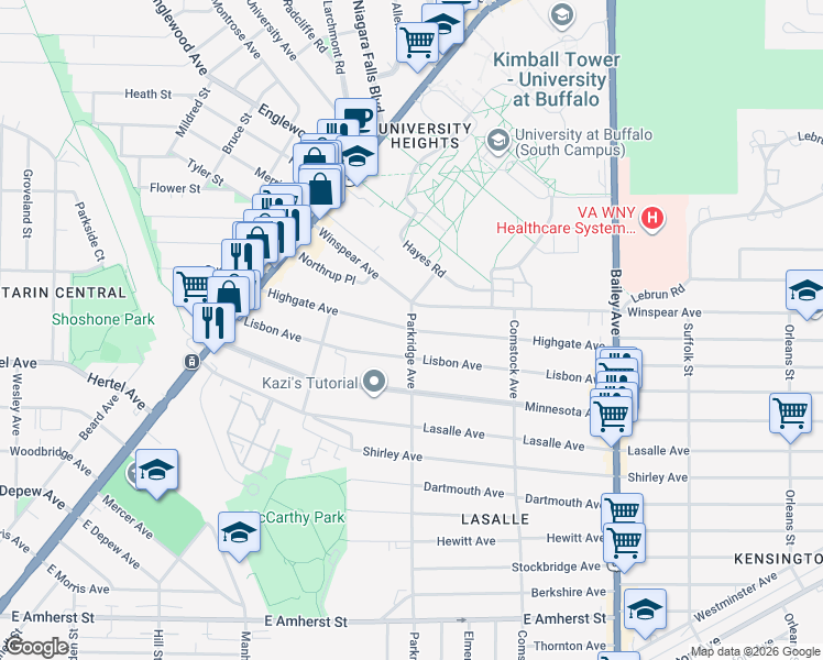 map of restaurants, bars, coffee shops, grocery stores, and more near Highgate Avenue & Parkridge Avenue in Buffalo
