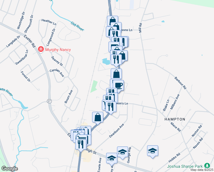 map of restaurants, bars, coffee shops, grocery stores, and more near 35 Fairfield Drive in Hampton