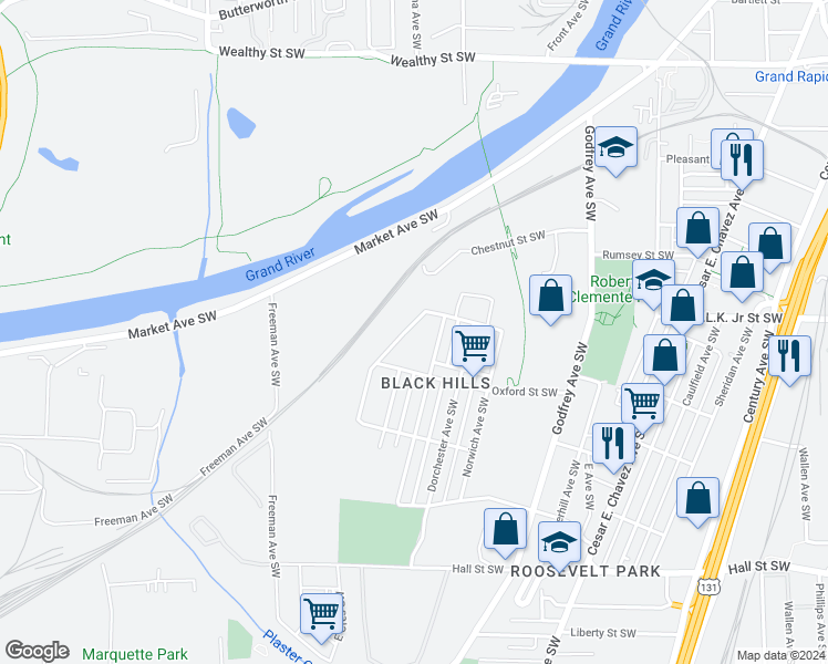 map of restaurants, bars, coffee shops, grocery stores, and more near 820 Woolsey Drive Southwest in Grand Rapids