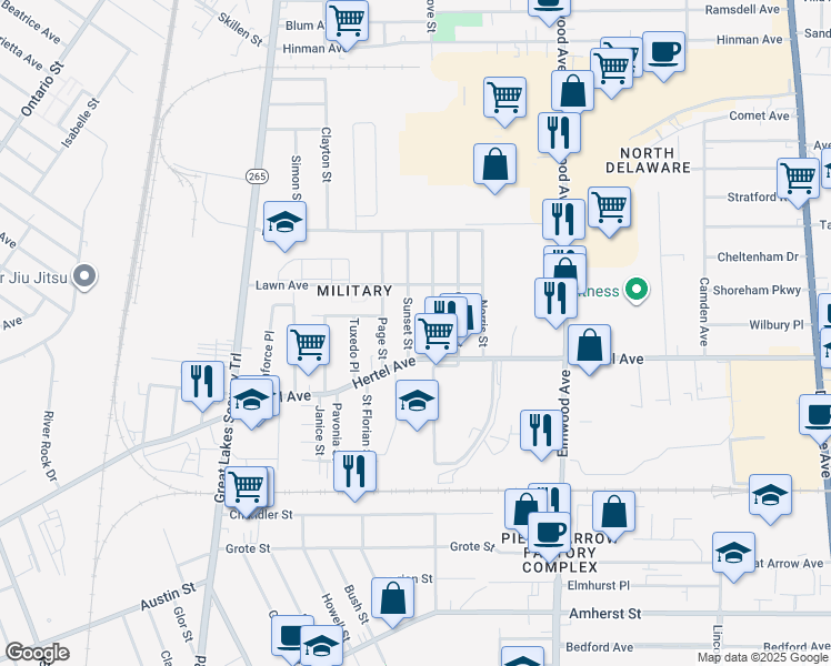 map of restaurants, bars, coffee shops, grocery stores, and more near 674 Hertel Avenue in Buffalo