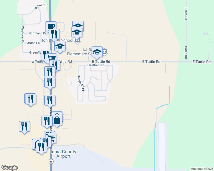 map of restaurants, bars, coffee shops, grocery stores, and more near Bayberry Lane in Ionia