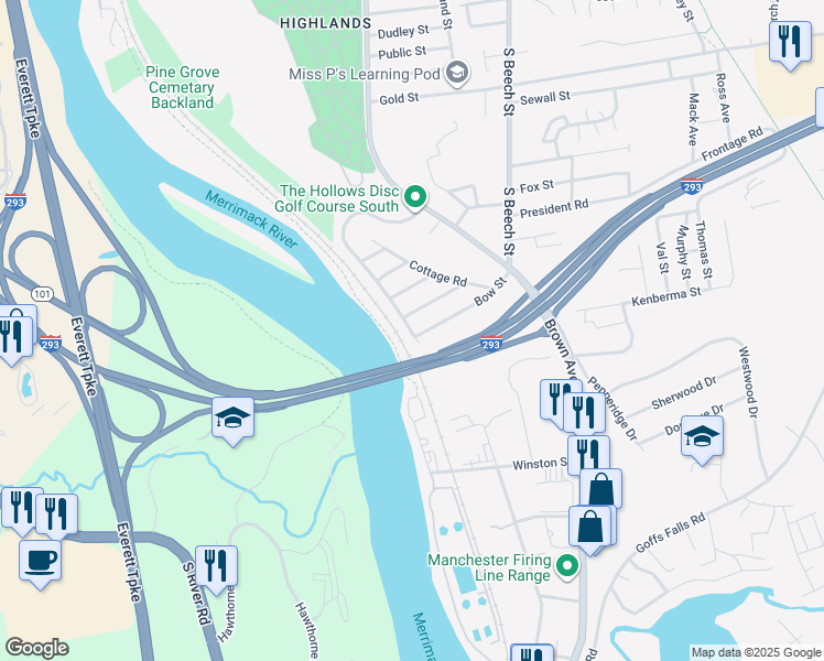map of restaurants, bars, coffee shops, grocery stores, and more near 7 Bow Street in Manchester
